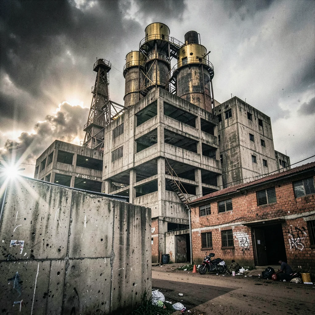 Post-industrial Johannesburg brutalism with harsh flash, Gold Reef City mine hea