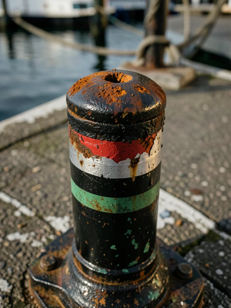 Cast iron bollard on a dock showing marine paint layered twenty coats deep, the 