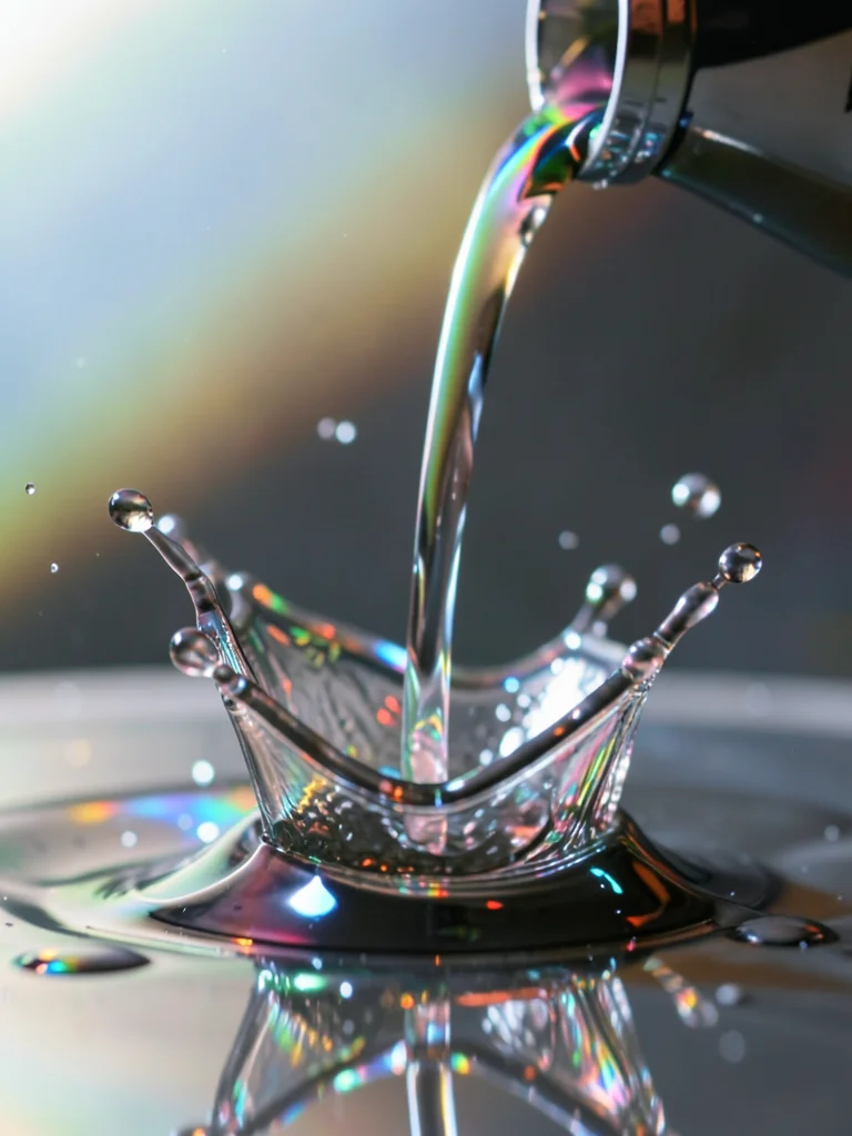 Chrome liquid pouring in slow motion, frozen mid-splash, catching rainbow refrac