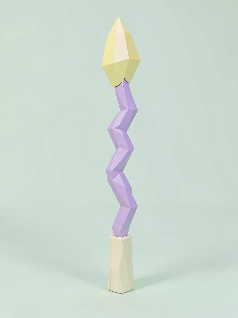 Gnarled lavender lowpoly wizard staff with chunky cream wood facets and a butter