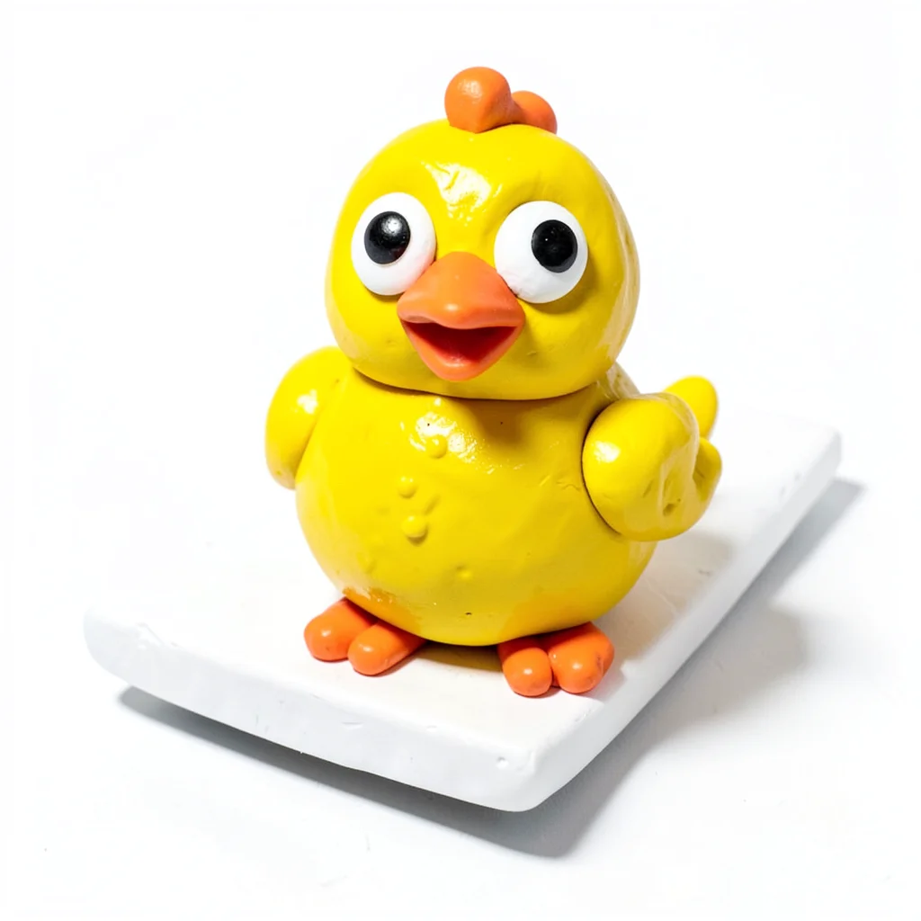 Plucky chunky clay chick in primary yellow with stubby orange beak and oversized
