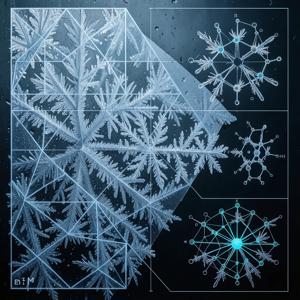 Frost on glass photo with ice crystal molecular structure diagrams overlay