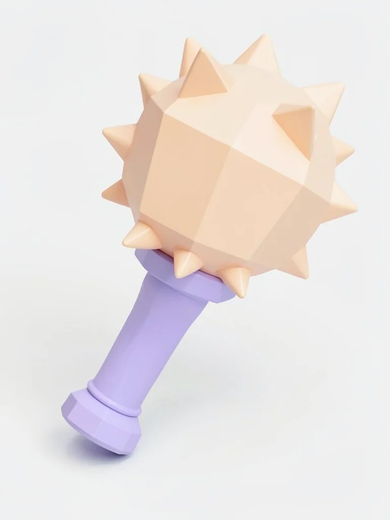 Spiked cream lowpoly mace with a chunky peach head and a lavender handle, on pla