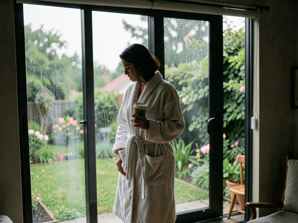 Person in bathrobe standing in sliding glass door, coffee in hand, the blur betw