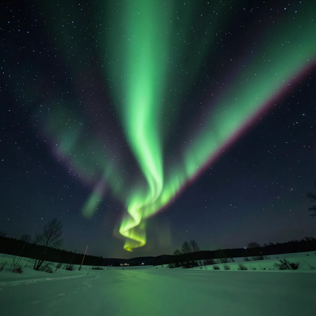 Aurora corona directly overhead, rays converging to perspective vanishing point,