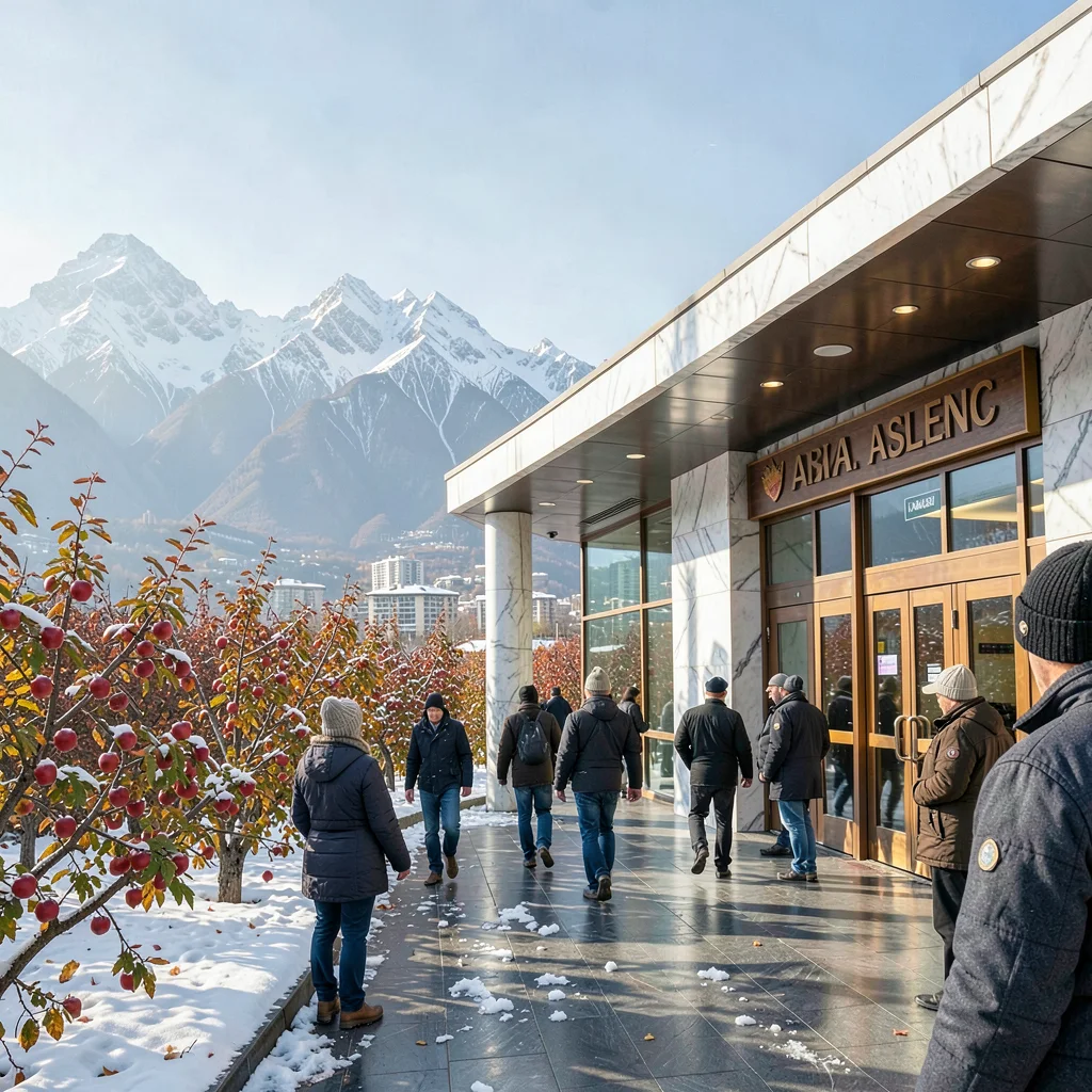 Tian Shan mountains behind Soviet Almaty, modernist Almaty metro station with ma