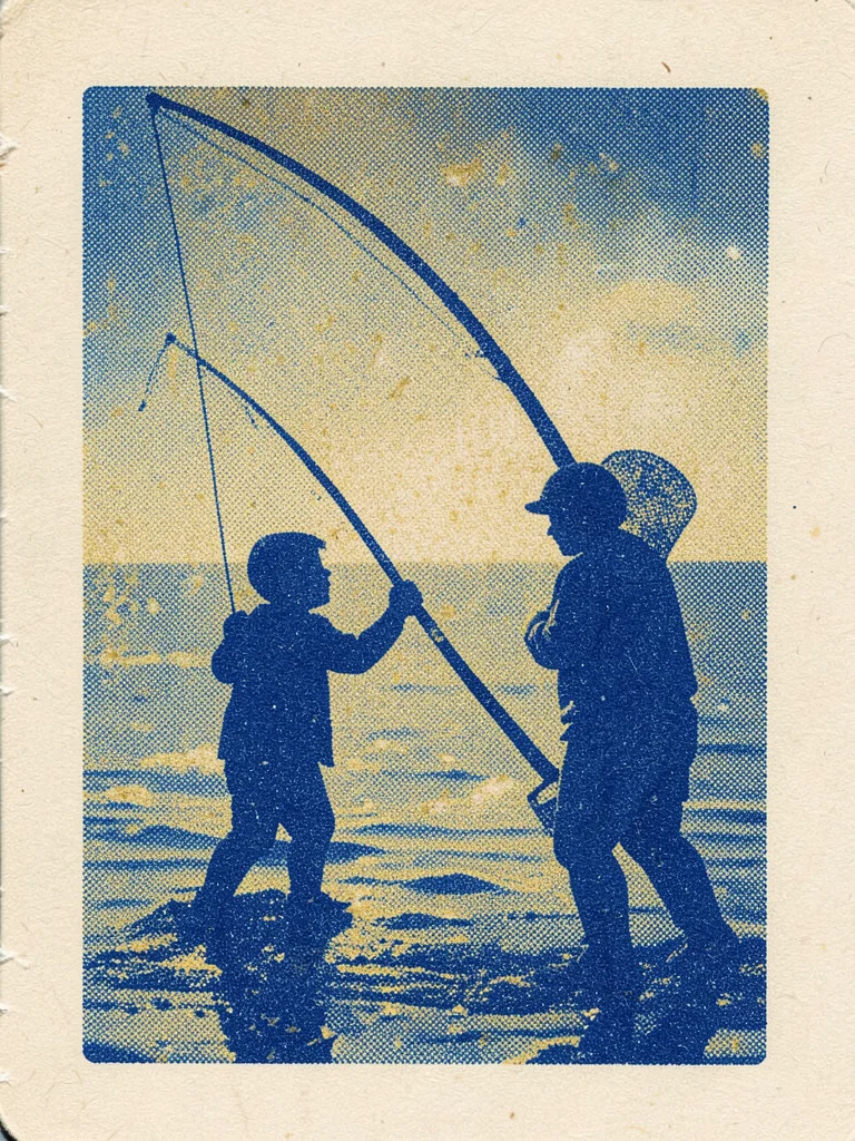 Father-child fishing silhouette in riso, blue and gold ink