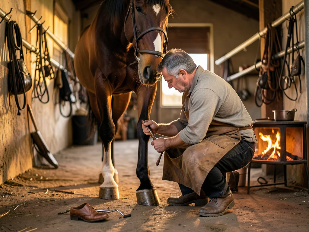 A horse being shod by a farrier, the farrier bent with the horse's hoof between 