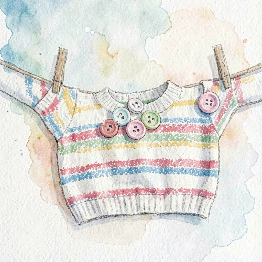 A toddler counting torn-paper buttons on a crayon-striped sweater stretched on a