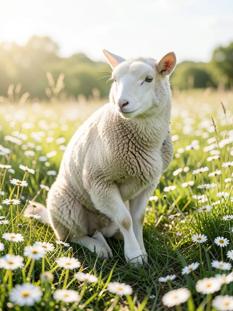 Lamb standing in meadow of daisies, wobbly legs, spring sunshine