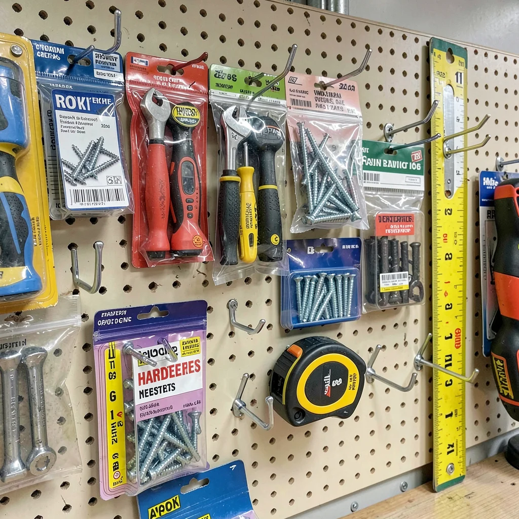 Hardware store pegboard wall with hooks holding tools, packages of screws, drill