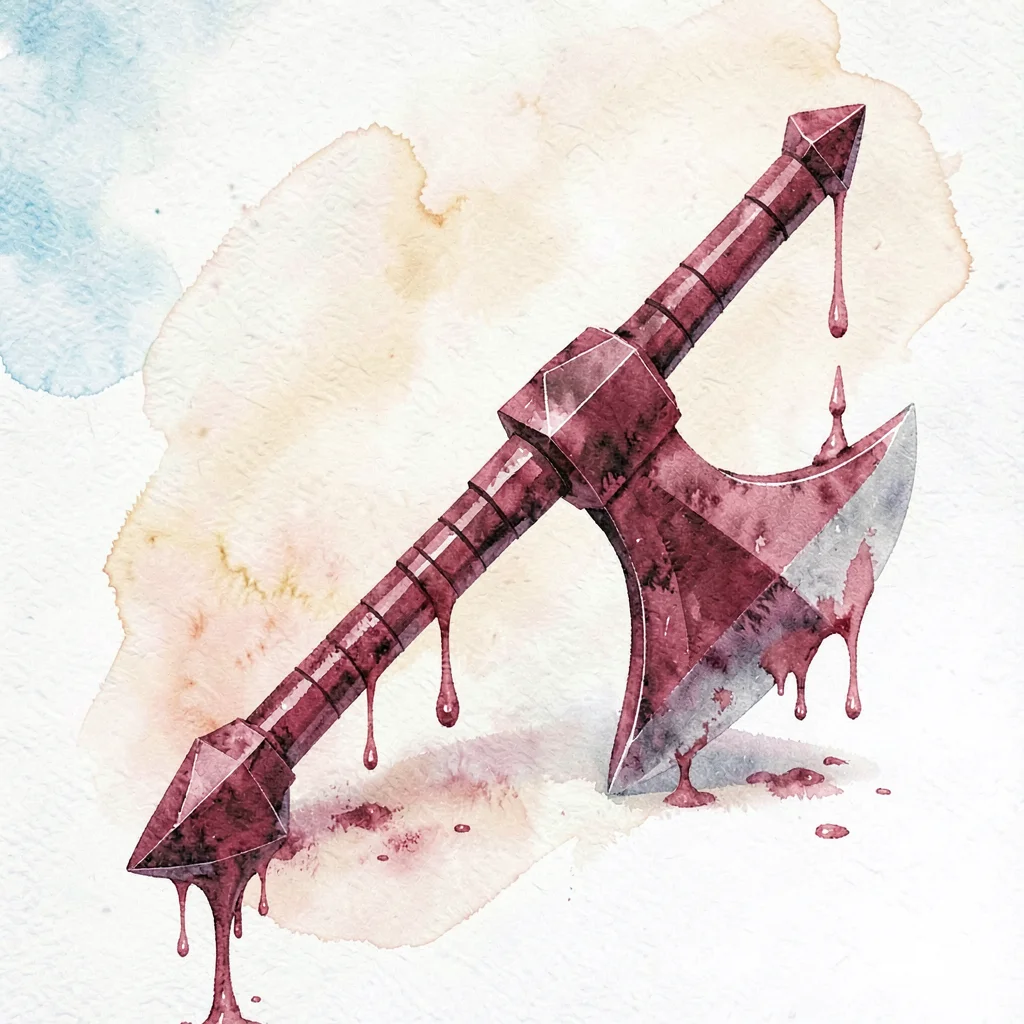 A faceted ruby-red lowpoly battle axe with a heavy double-edged head dropping cr