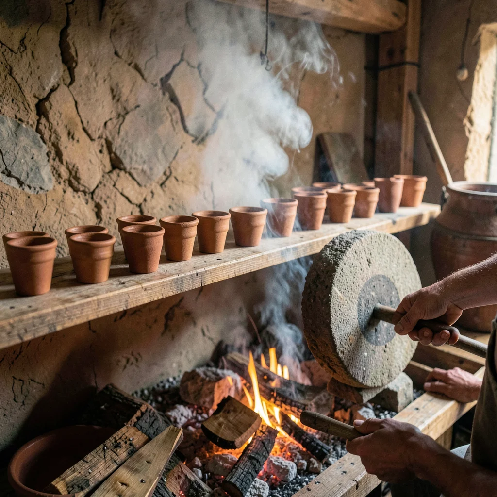 Oaxacan mezcal process, palenque atmosphere, A collection of handmade clay copit