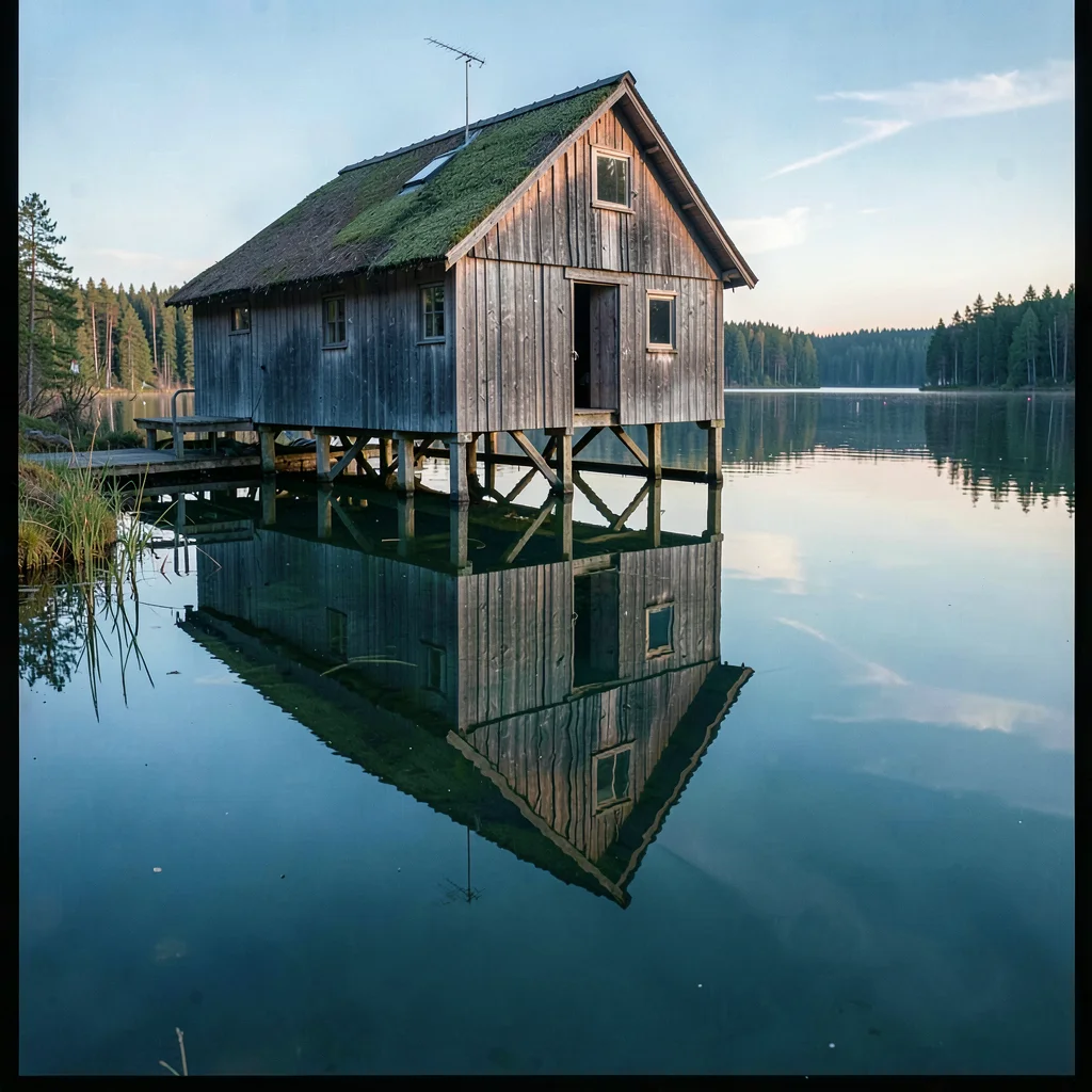 Finnish lake mirror, dead-calm reflection, Wooden boathouse half over water, str
