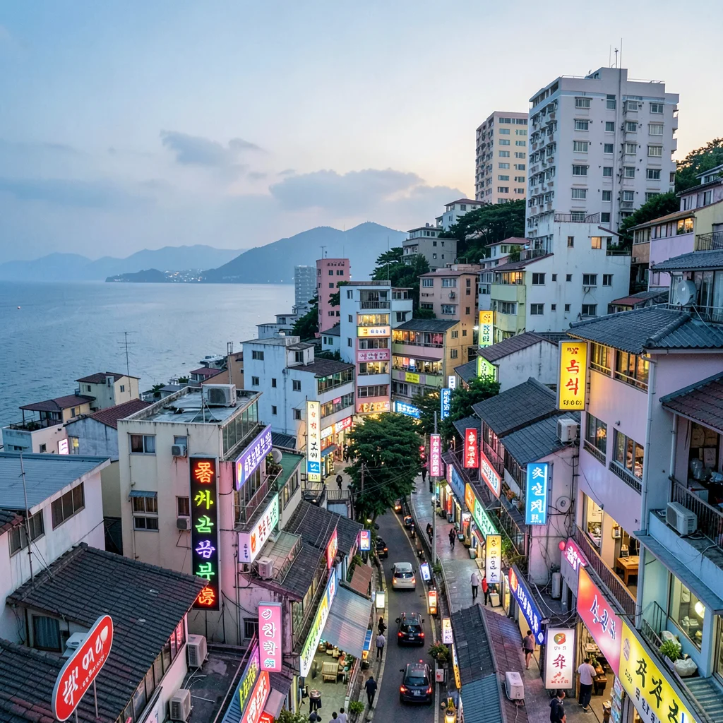 Busan vertical density, hillside village stacking, narrow vertical shop fronts c