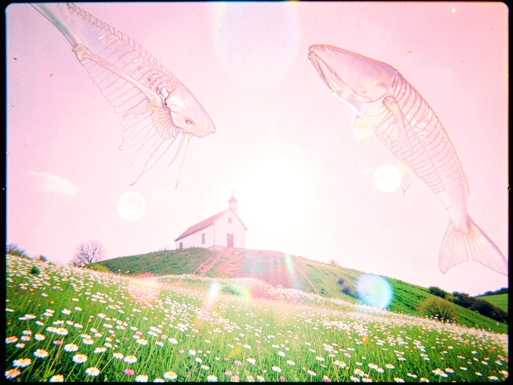 Translucent whale skeletons hanging in pastel pink sky above a daisy-covered hil