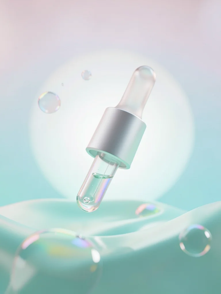 Frosted-glass face serum dropper hovering on a cool mint-to-aqua wash with a sof