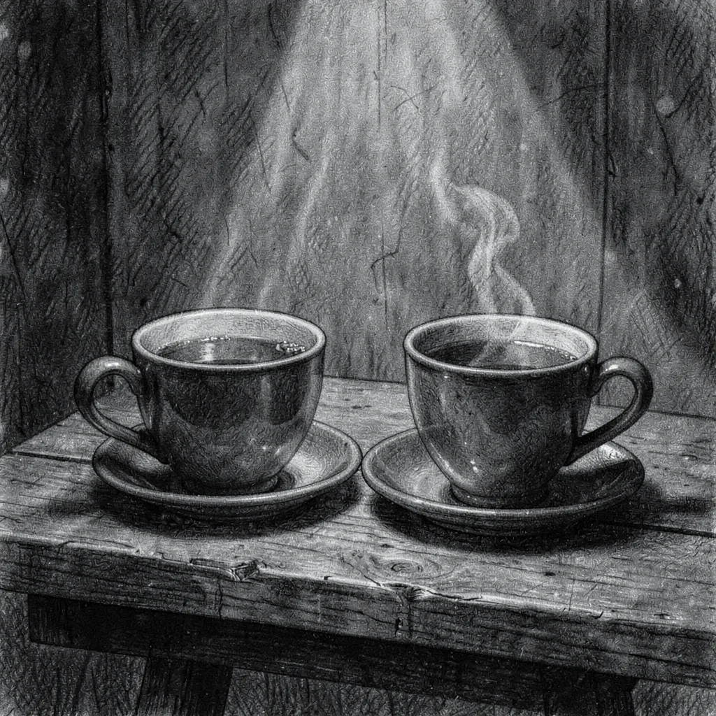 Charcoal drawing of two cups of tea on a low table, one half-finished, soft lamp
