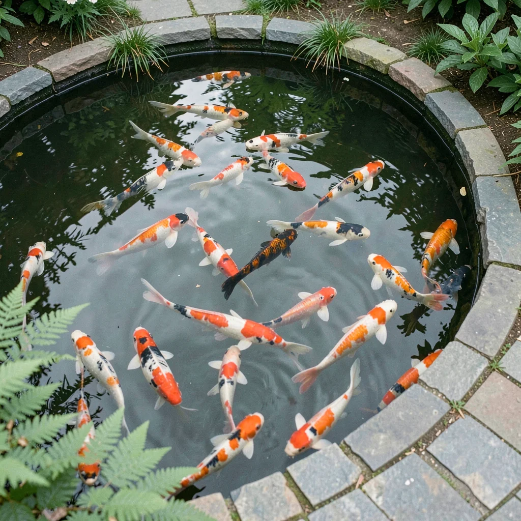 Atmospheric overhead of a curving koi pond with stone edge and a school of koi m