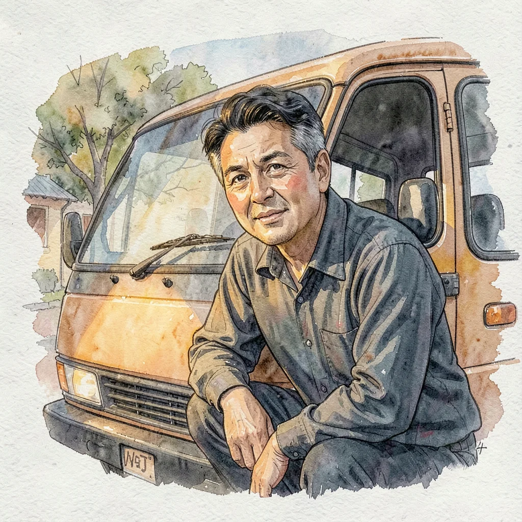 Watercolor of a township taxi driver leaning on a minibus, warm cheek tones