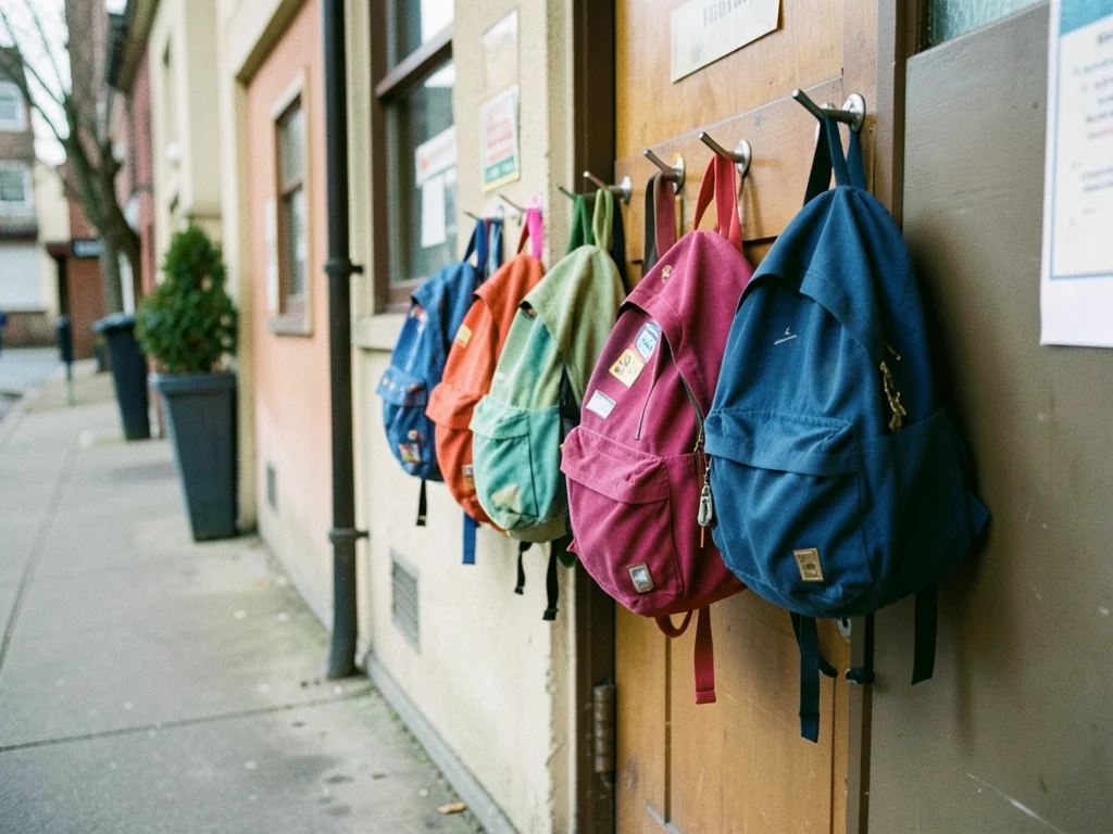 Row of colorful backpacks hanging on hooks outside classroom door