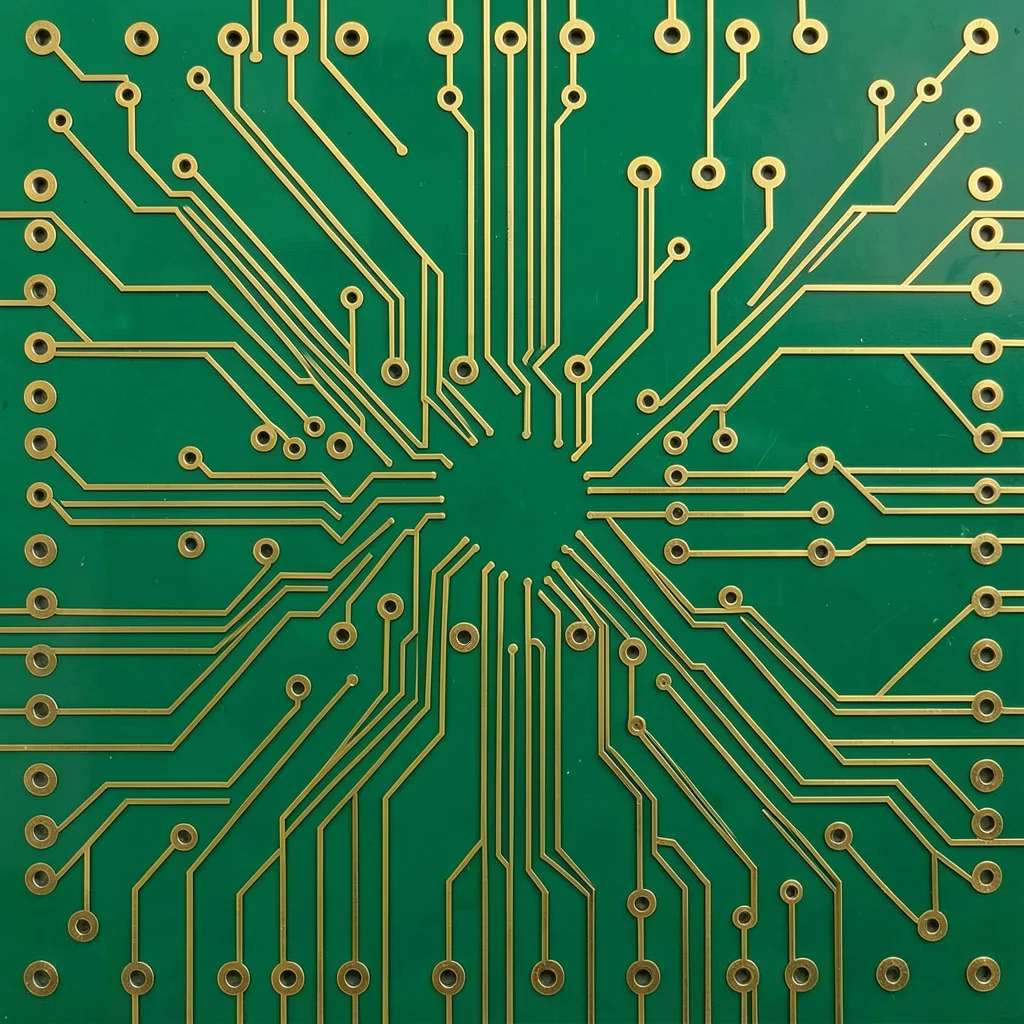 A circuit board pattern abstracted into a decorative surface — traces become gol