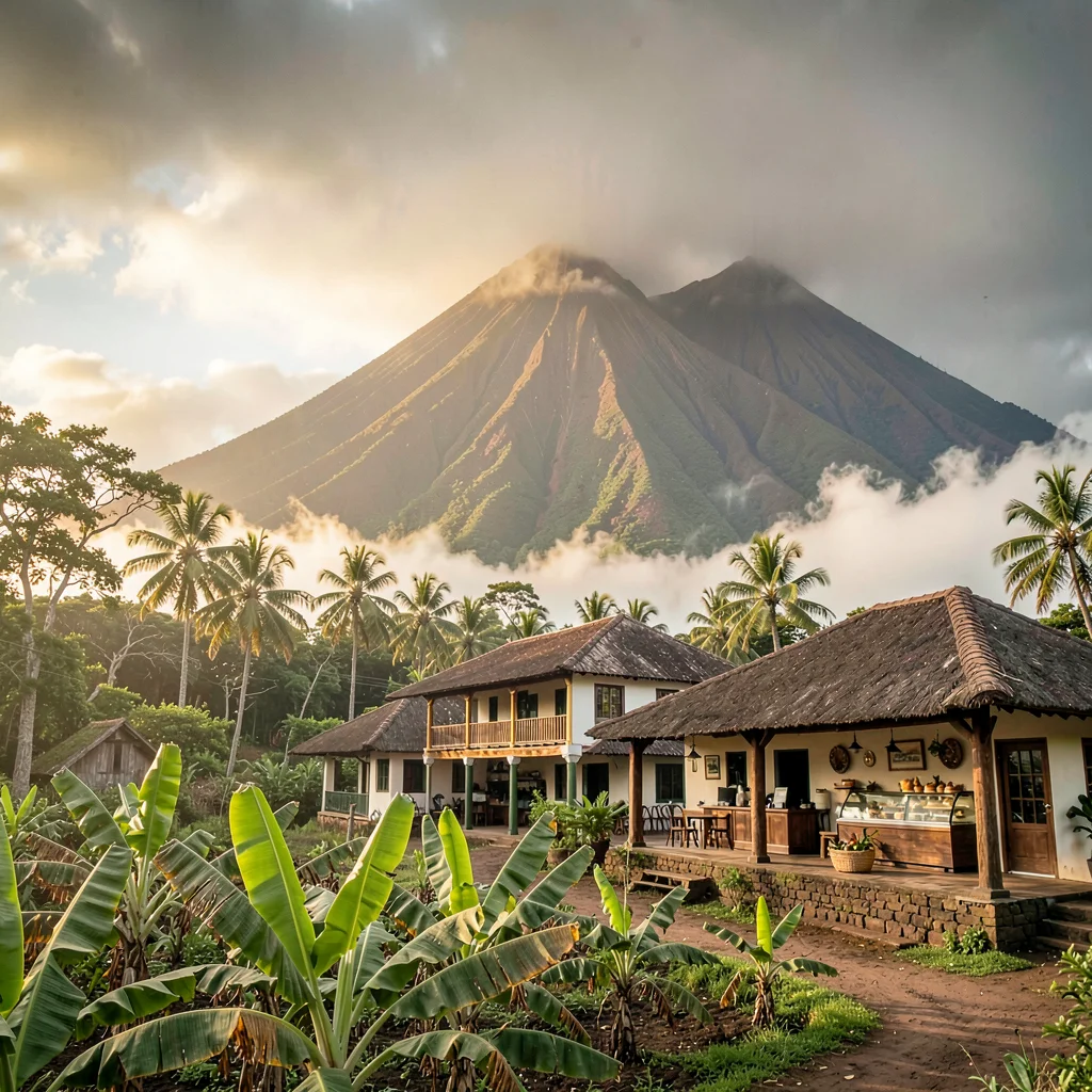 French Caribbean fusion in Guadeloupe, La Soufriere volcano through morning mist
