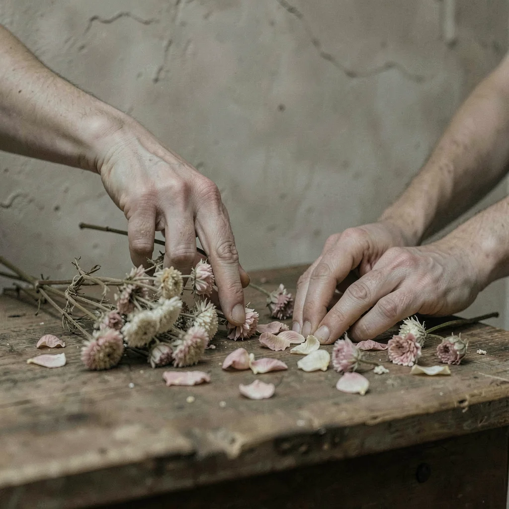 Hands arranging dried flowers on a wooden table, the petals the same color as th