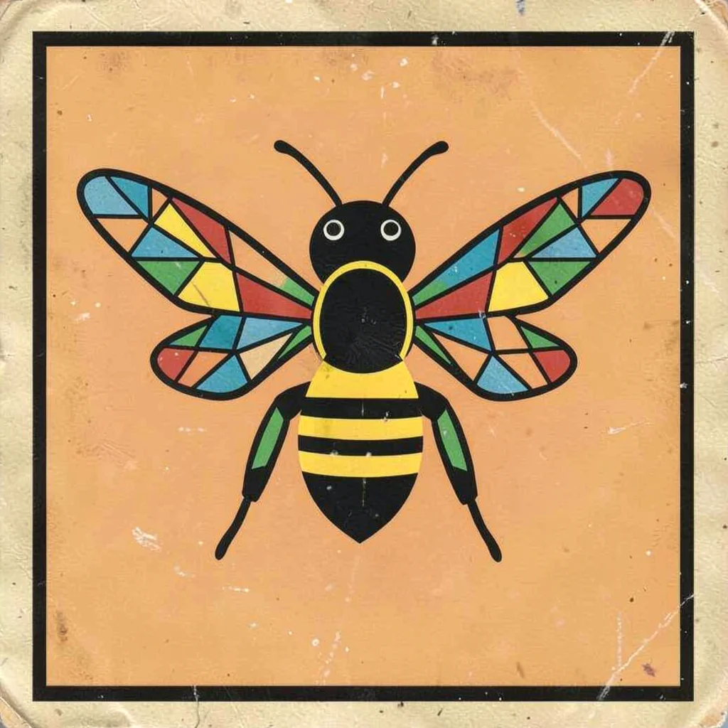 Czech matchbox label illustration, a bee with geometric wing pattern , vintage E