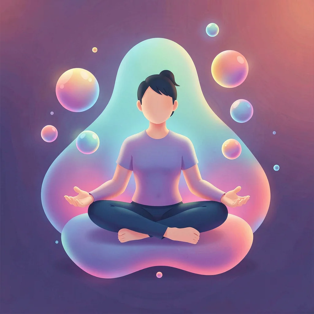 Organic blob gradient illustration, person meditating surrounded by floating orb