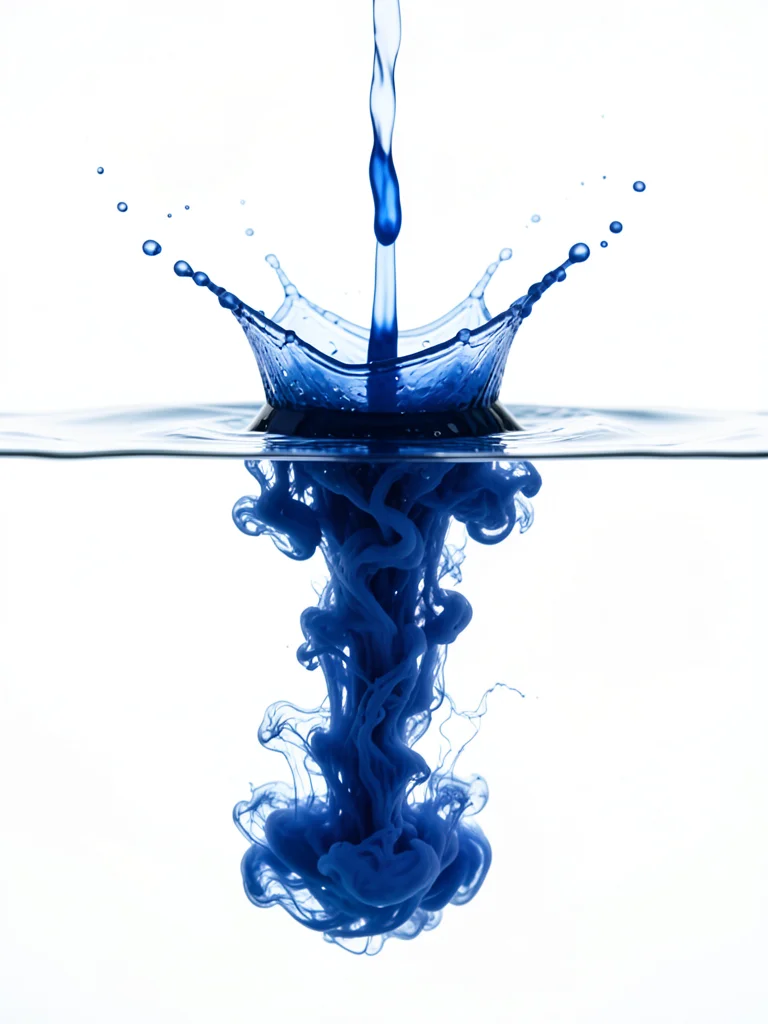 Ink dropped into water from above, captured at the instant of surface penetratio