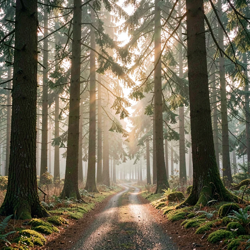 atmospheric arboretum path winding under tall conifers, dawn mist