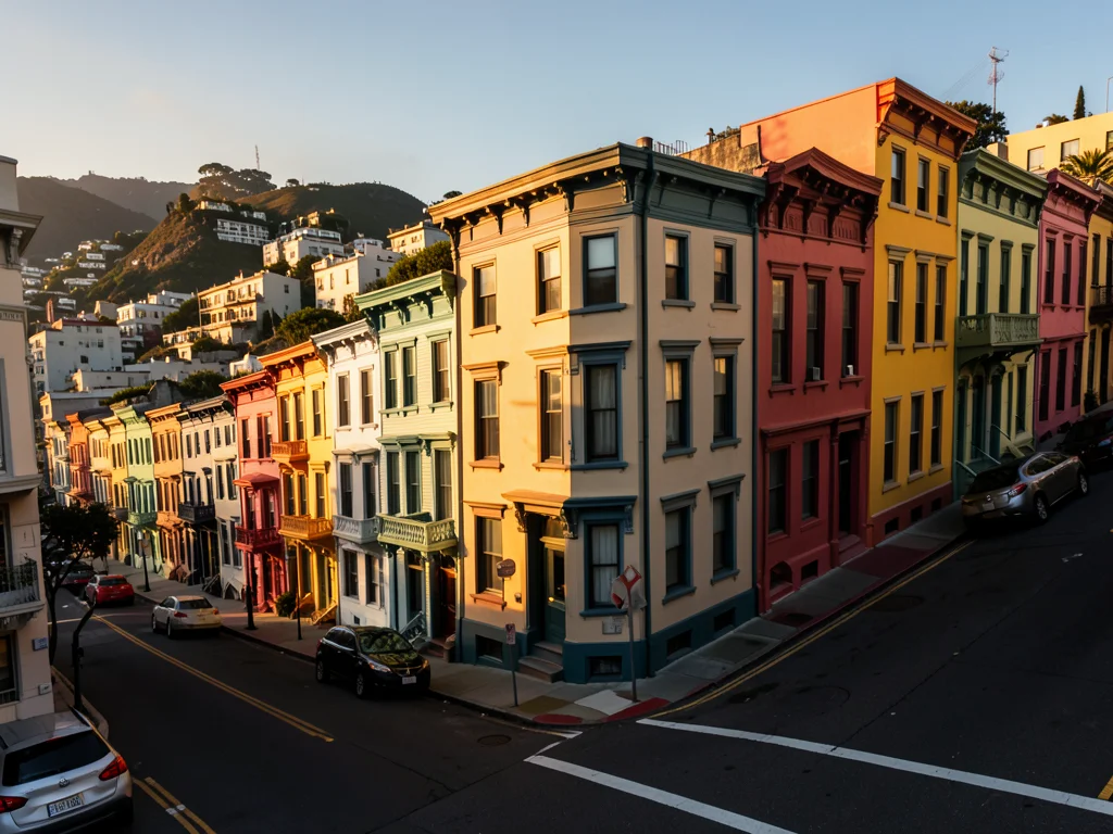 Colorful row of Victorian townhouses on a steep San Francisco street