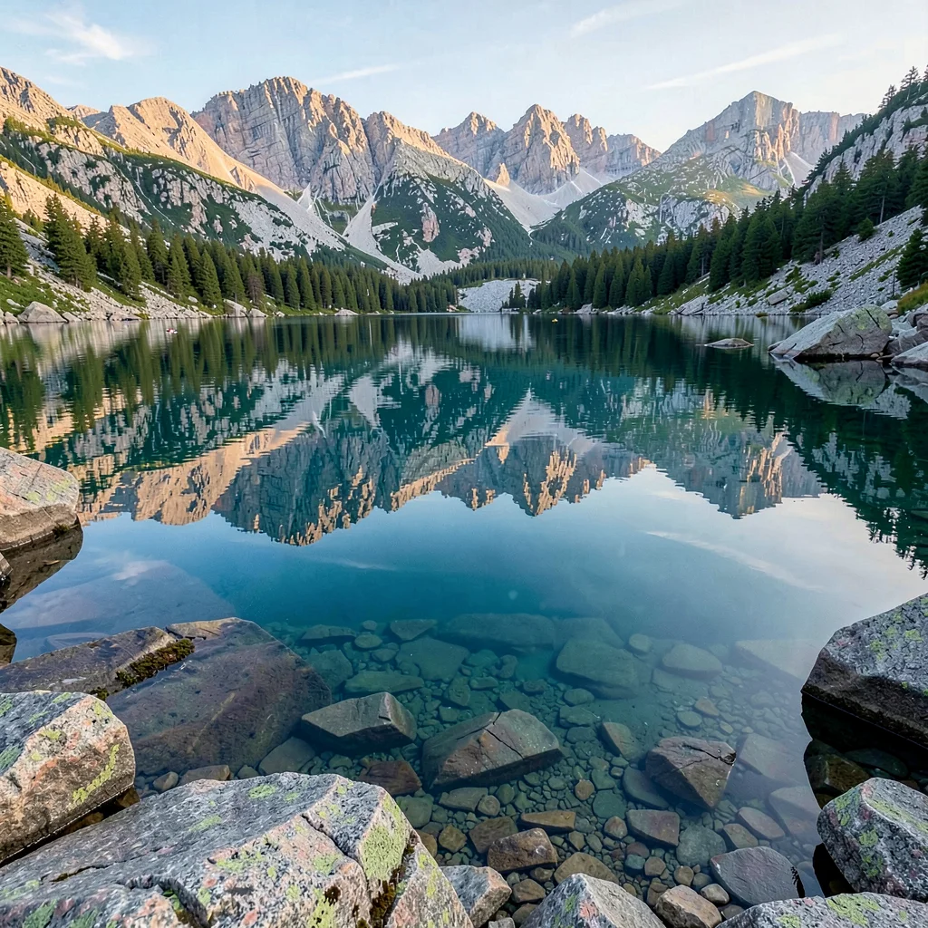 Finnish lake mirror, dead-calm reflection, Rocky shore reflected in clear lake w