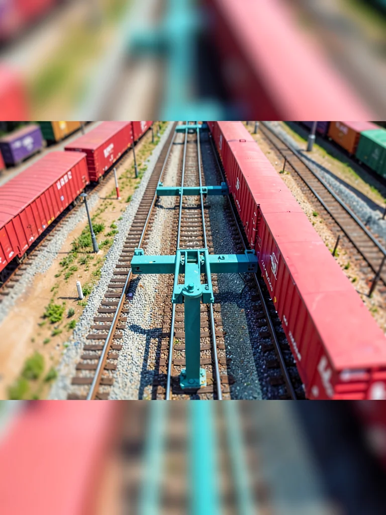Freight yard tilt-shift photograph from a footbridge above a sorting hump, satur