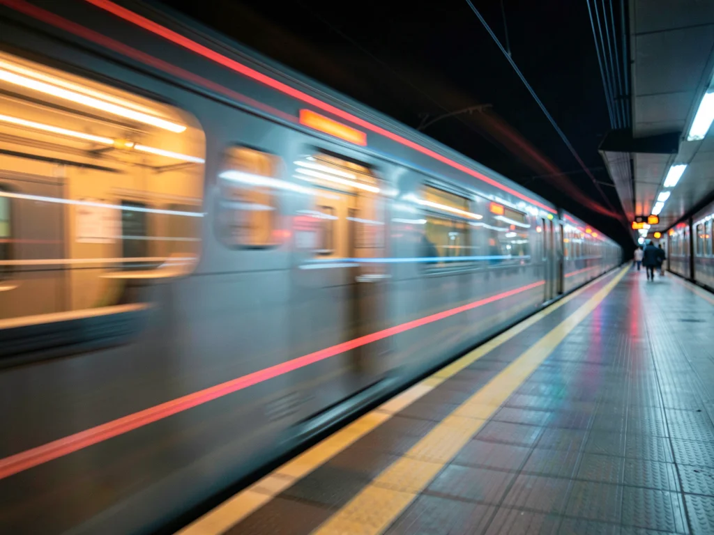 A subway train streaking through frame leaving colored light trails across the p