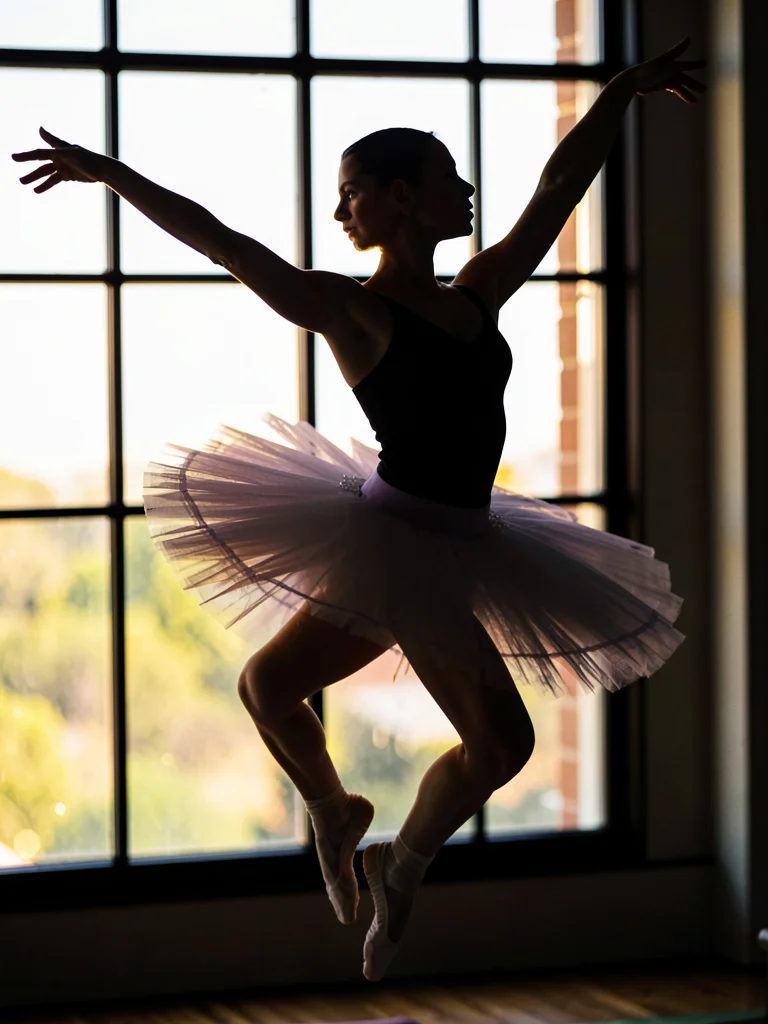 Ballet dancer mid-leap in window light, rim light defining every muscle and tutu