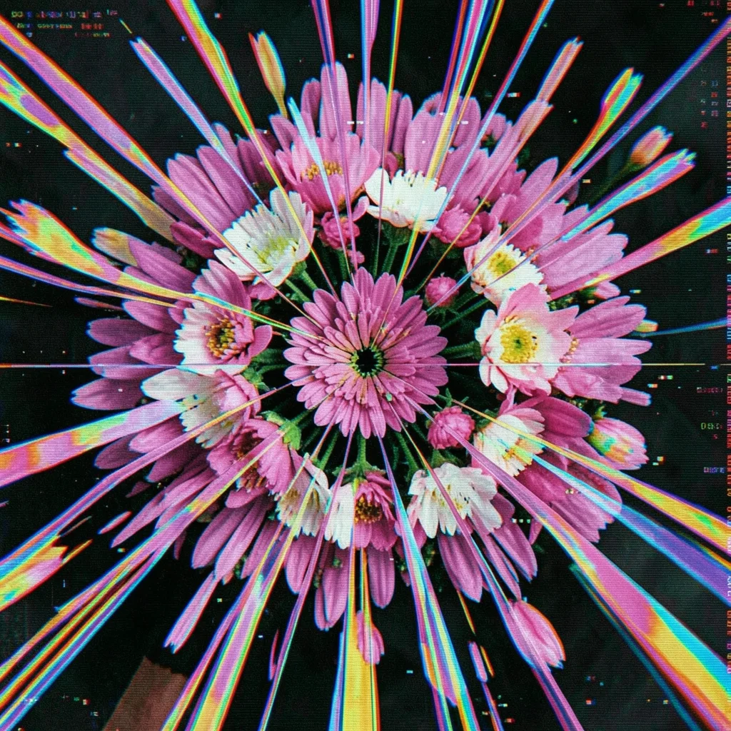 Flower arrangement with pixel sorting applied in circular pattern from center ou