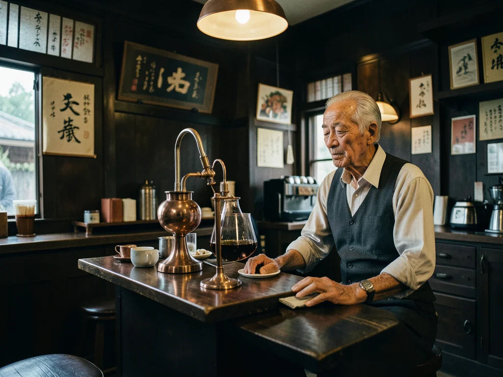 A Japanese kissaten coffee shop in dark wood and copper, a siphon brewer, an eld