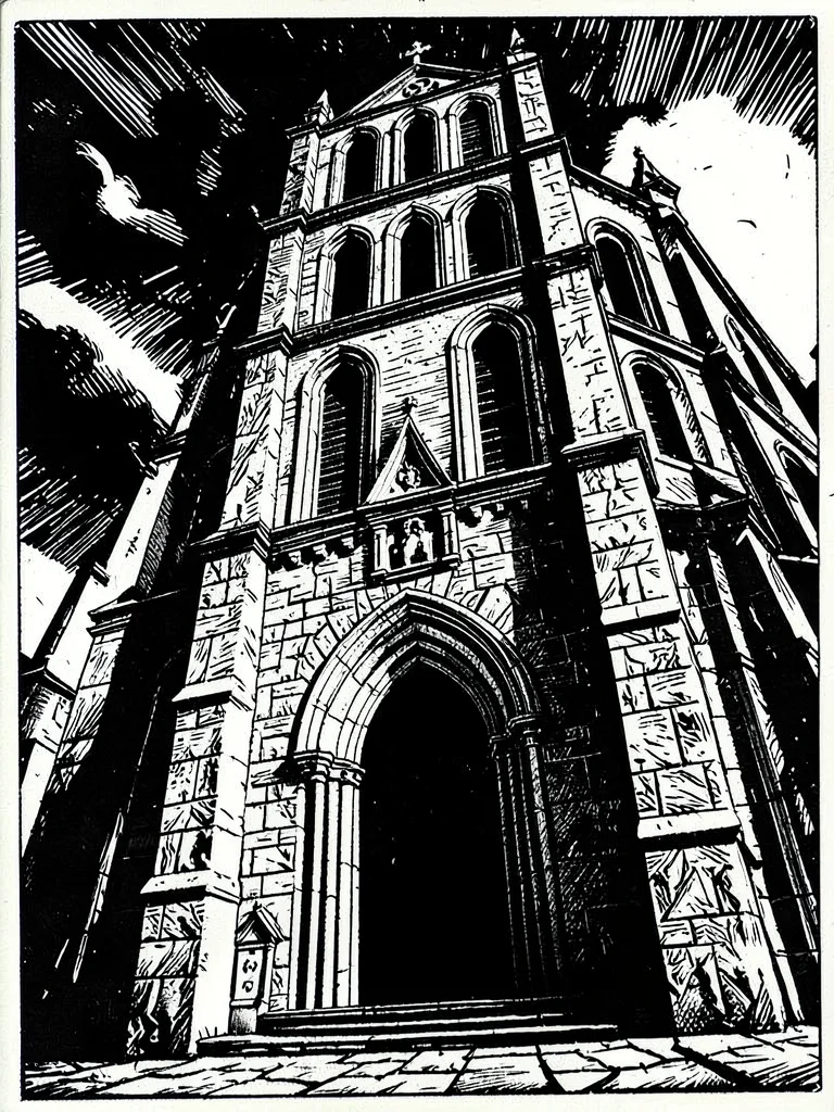 Church facade looming above, distorted perspective, doorway a dark void