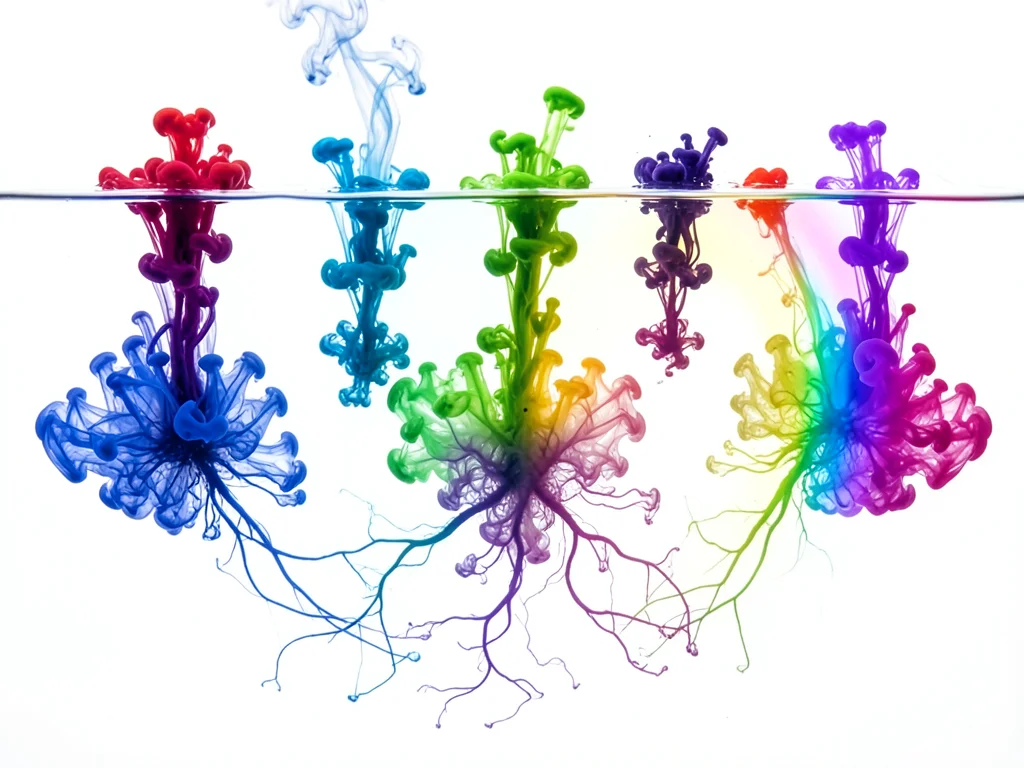 Six colors of ink dropped in sequence, blooming and merging in water, rainbow