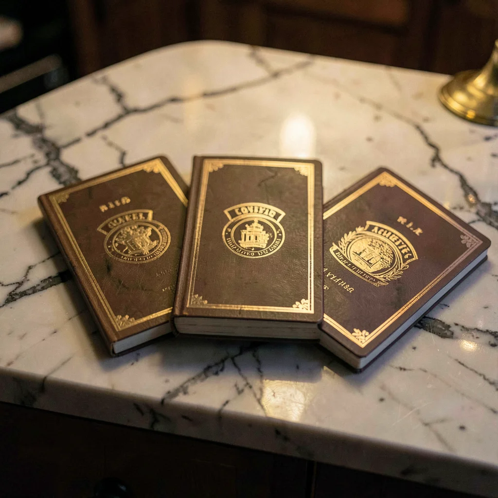Cluster of three card decks arranged on a marble counter, warm dim glow