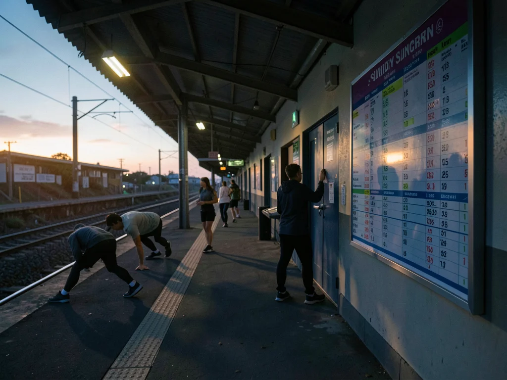 Train platform with commuter schedule posted, Sunday runners stretching nearby