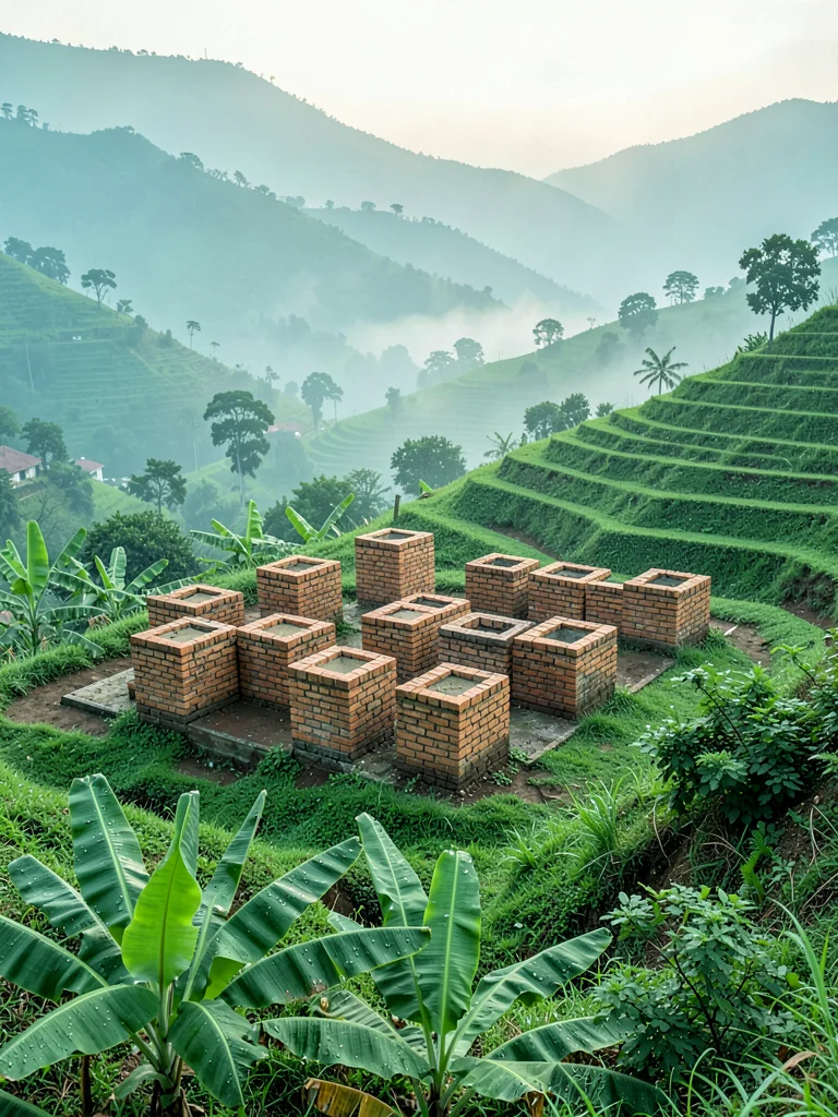 Emerald green hills through morning mist in Kigali, Rwanda, Brick-making arrange