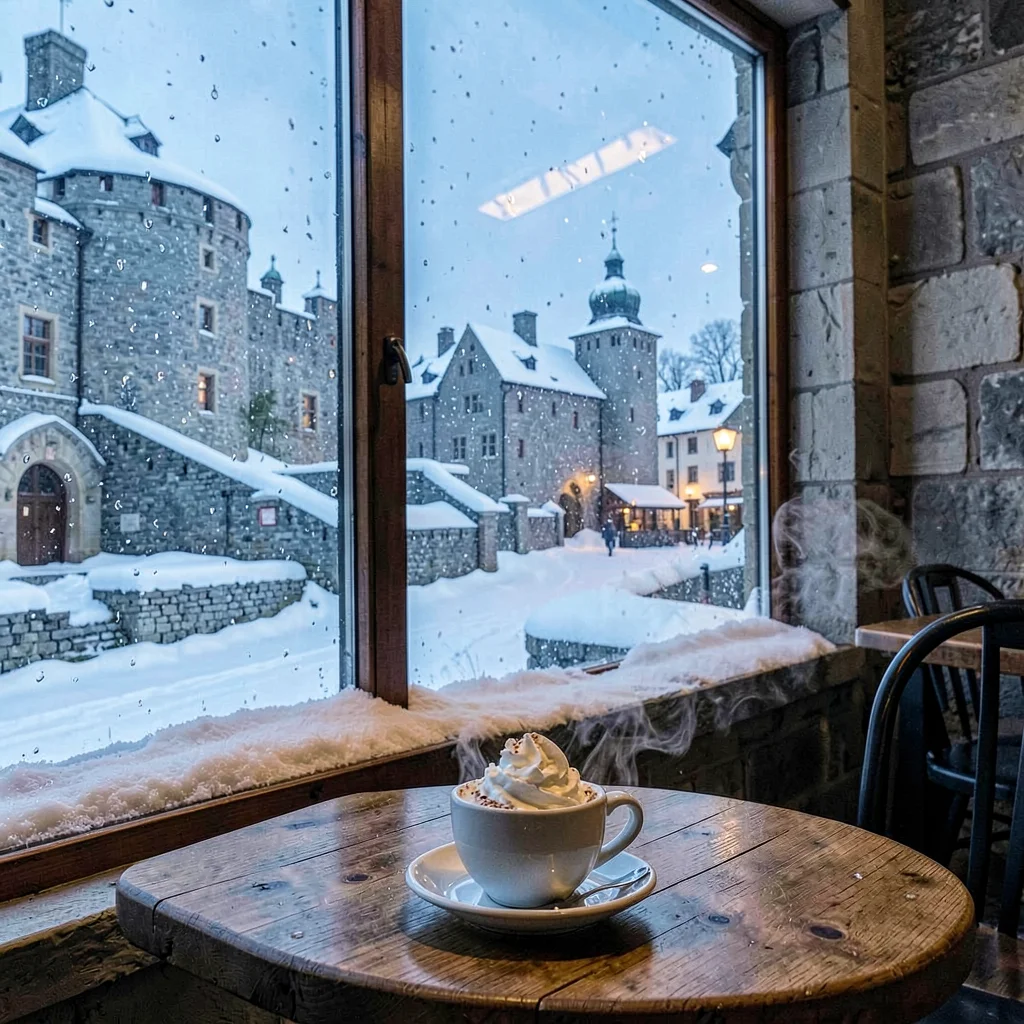 Quebec winter heritage, walled city under snow, Hot chocolate with whipped cream