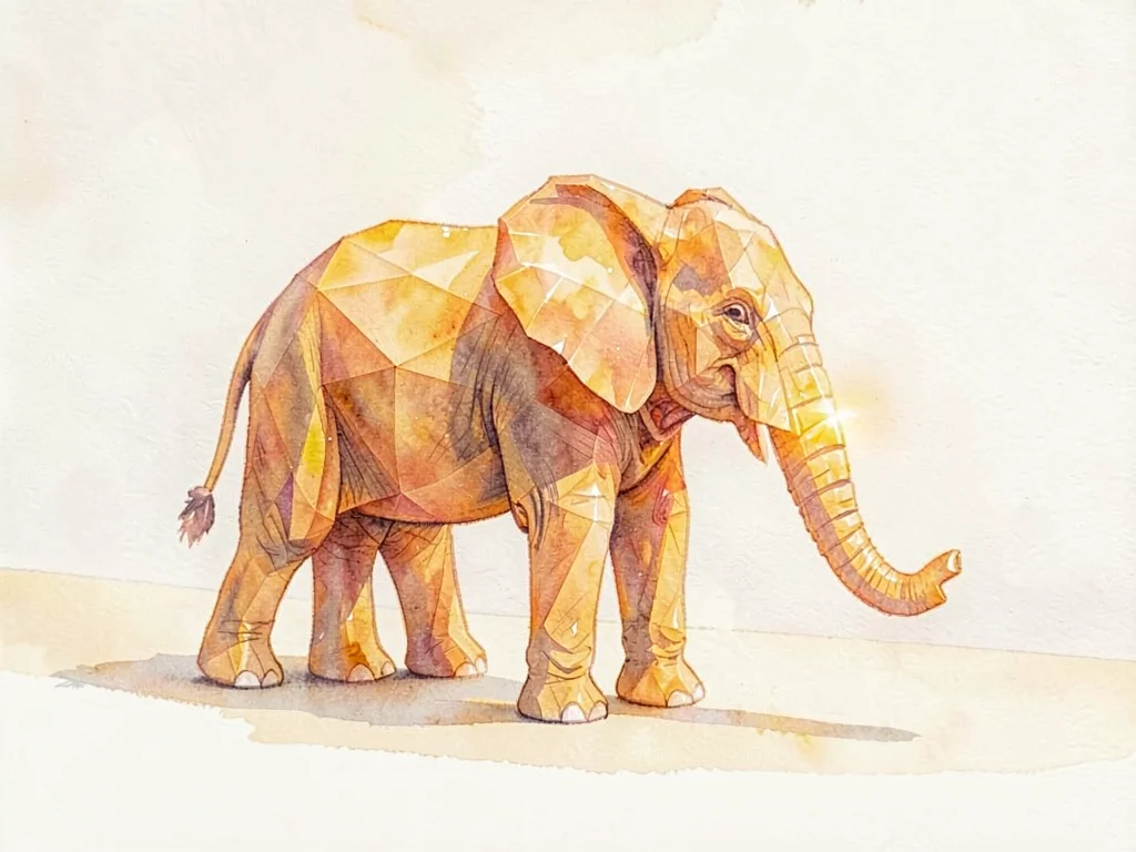 Translucent amber lowpoly elephant standing in profile with thick warm refractio
