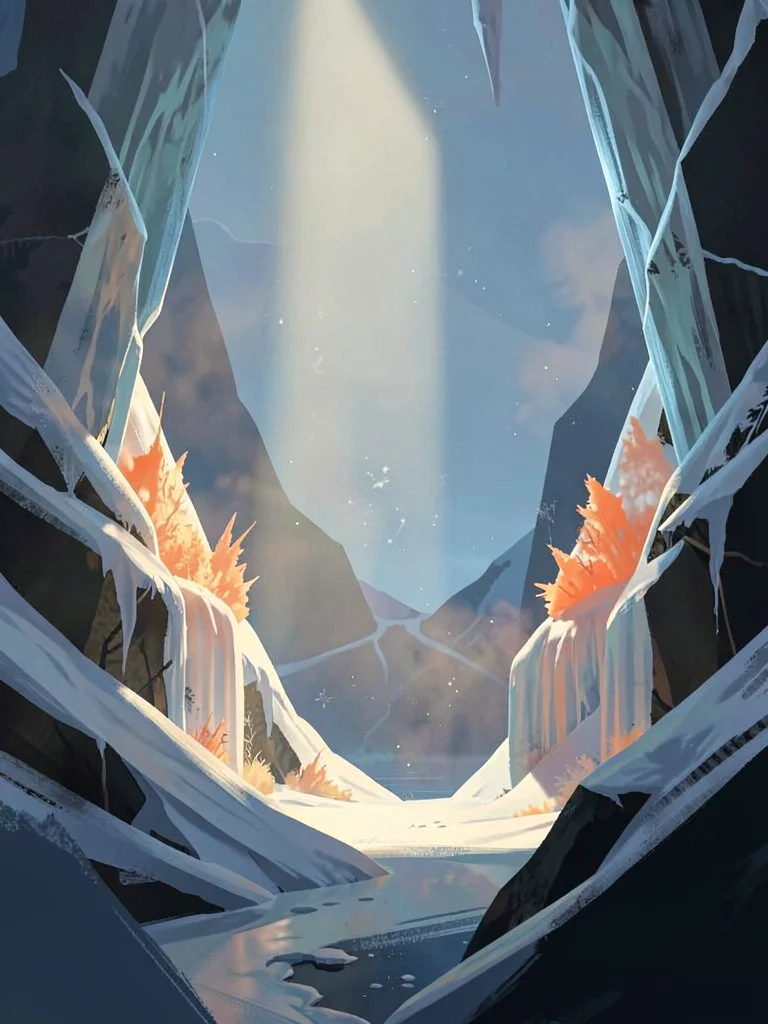 Icy valley with a single ice-fog shaft of dawn light, warm coral on icefall agai