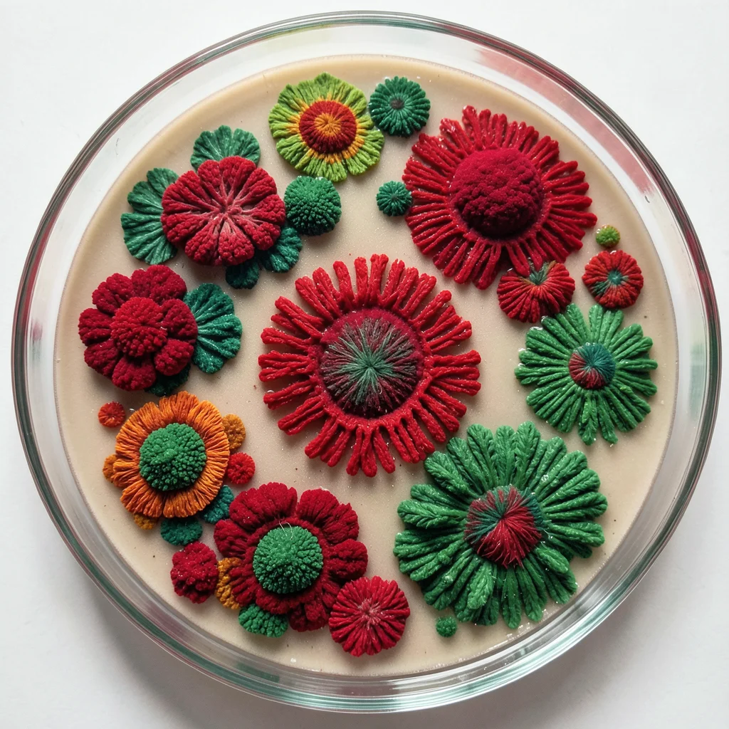 Petri dish cultures in Christmas red and green, festive microbial art