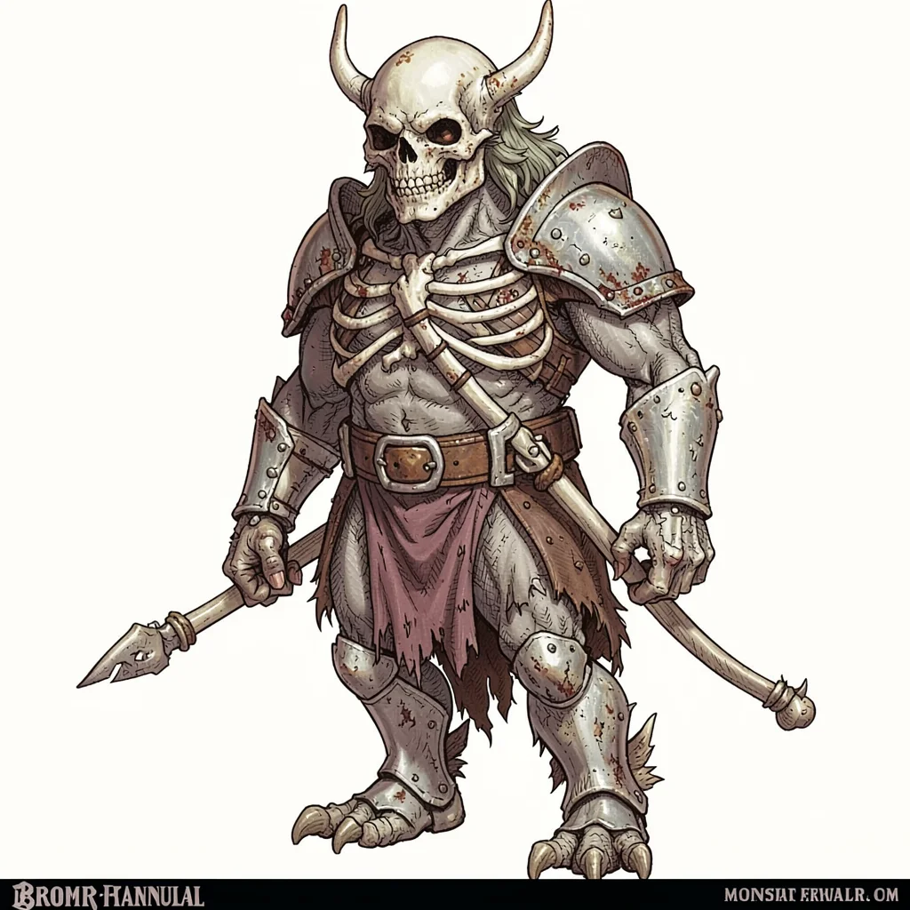Fantasy creature illustration, a bone collector creature wearing skeletal armor 