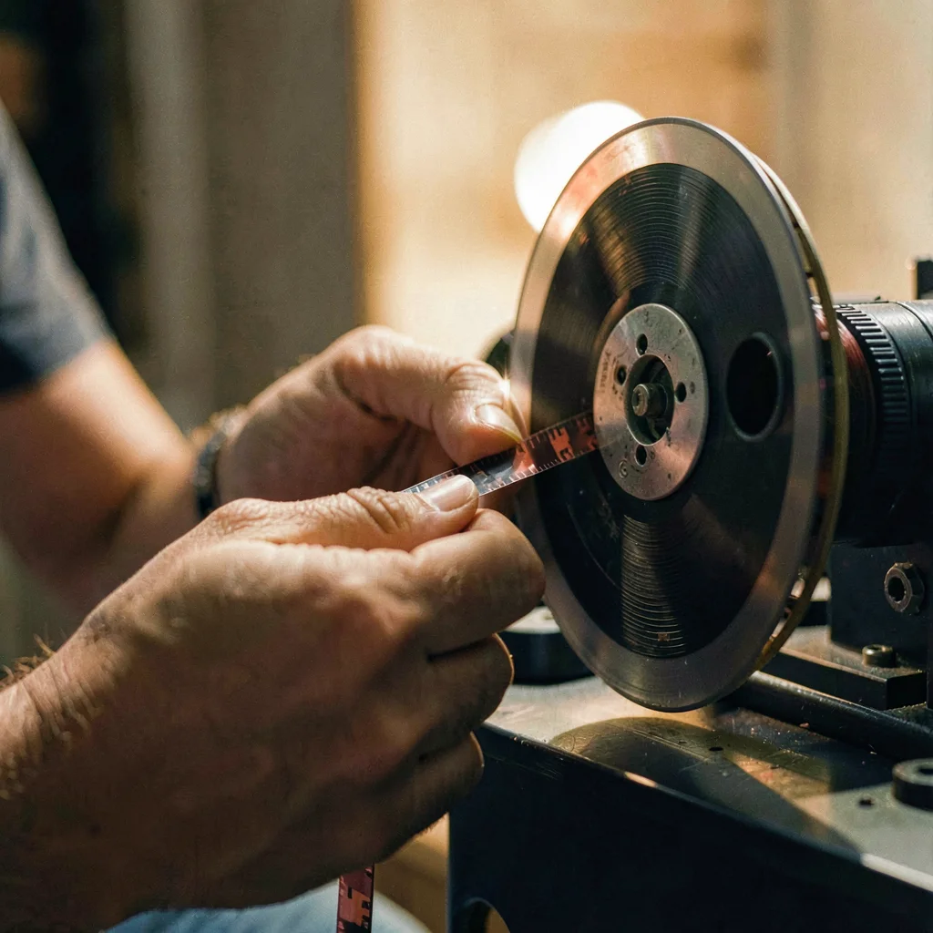 Side-light portrait of hands threading a strip of film into a take-up spool